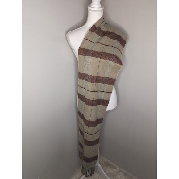 Dior Monsieur acrylic traditional tan cream red plaid fringe scarf - Picture 6 of 6